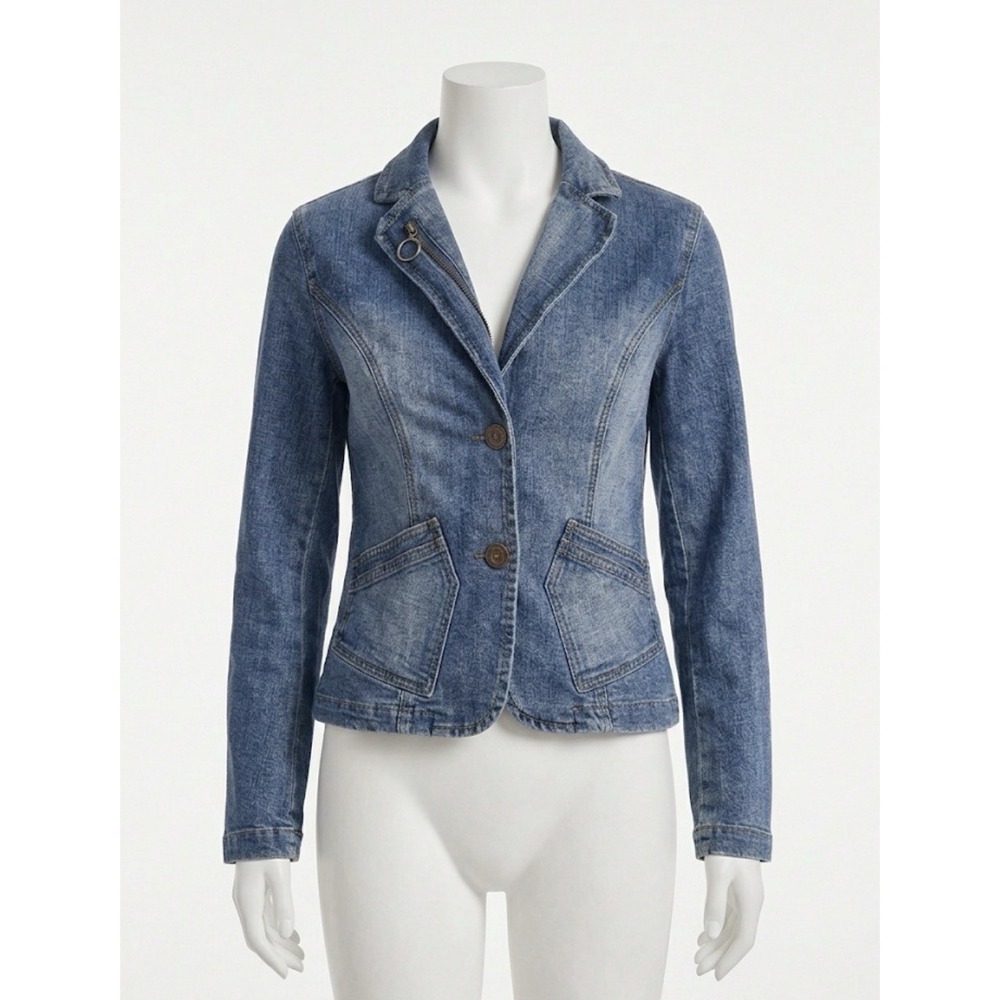Vintage Baccini Moto Denim Blazer Jacket S Western Boho Y2K Raw Hem Faded Blue